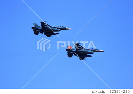首都防空の要『百里基地』の上空を高機動飛行するF-2ジェット戦闘機 125334230