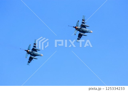 首都防空の要『百里基地』の上空を高機動飛行するF-2ジェット戦闘機 125334233