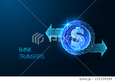 Bank transfer and digital payment concept with glowing dollar symbol and arrows, vector illustration 125334284