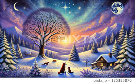 星空と月が見守る雪原で、キツネたちが集う冬の夕暮れと静かな山里の幻想風景 125335870