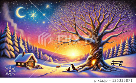 雪に包まれた森でキツネ親子が星空を見上げる、灯る木の下の冬の夕暮れの物語 125335871