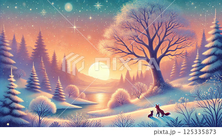 夕陽に染まる雪原と星降る空を親子のキツネが見上げる幻想的な冬のファンタジー風景 125335873