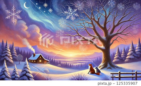 雪景色の山小屋と木の下で夕日を見つめるキツネとオオカミが描く幻想的な冬の夕暮れ 125335907
