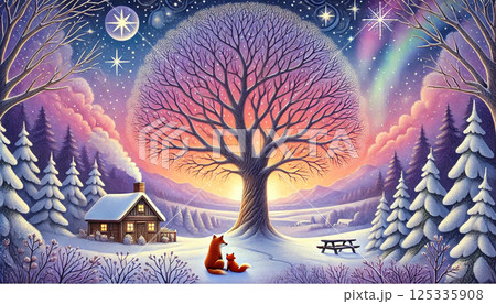 星空とオーロラに包まれた冬の山小屋と大樹の下で寄り添うキツネ親子の幻想的な夕暮れ 125335908