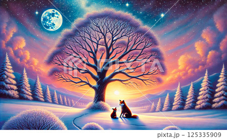 満月と星々に照らされる雪原で、夕暮れを見つめるキツネ親子と大樹の静かなひととき 満月と星々に照らされる雪原で、夕暮れを見つめるキツネ親子と大樹の静かなひととき 125335909