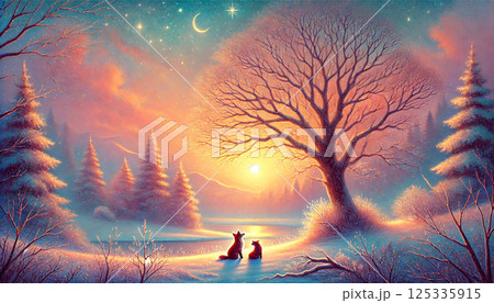 煌めく星空と三日月の下、雪原の湖畔で夕日を見つめる二匹のキツネの幻想的な冬の風景 125335915