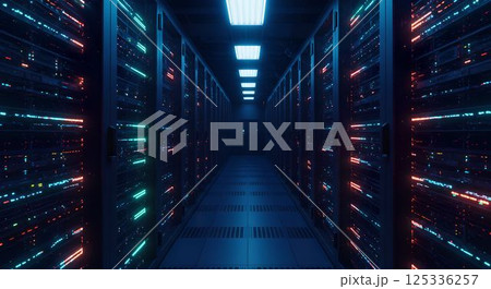 ハイテクなデータセンターのサーバールームとLEDインジケーターの光景3　AI生成画像 125336257