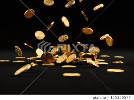 闇に舞い落ちる金色コインのシャワーと富の象徴7 AI生成画像 闇に舞い落ちる金色コインのシャワーと富の象徴7 AI生成画像 125336577
