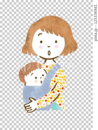 抱っこ紐で赤ちゃんを抱っこするびっくりした顔の母親の手描きイラスト 125336981