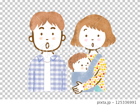 赤ちゃんを抱っこするお母さんとお父さんの家族イラスト(驚いた顔・上半身) 赤ちゃんを抱っこするお母さんとお父さんの家族イラスト(驚いた顔・上半身) 125336991