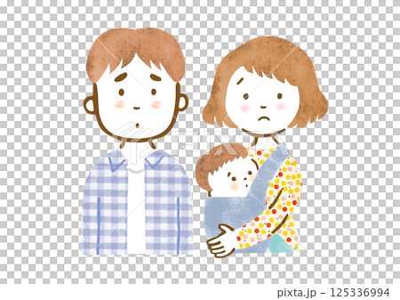 赤ちゃんを抱っこするお母さんとお父さんの家族イラスト（困った顔・上半身） 125336994