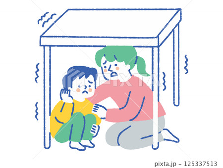 テーブル下に避難する母と子_色 125337513
