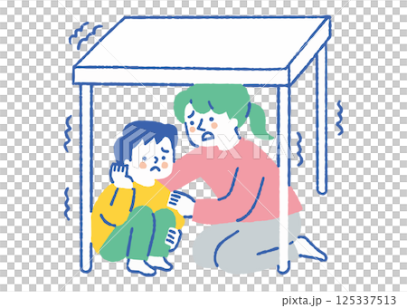 テーブル下に避難する母と子_色 125337513