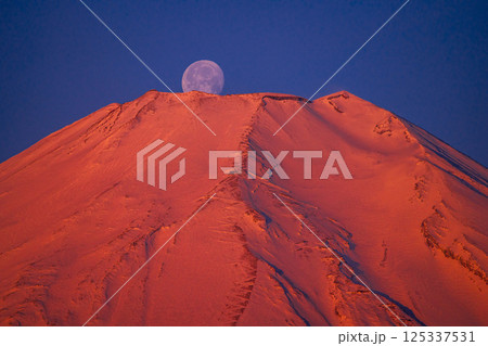 紅富士山頂に沈む月 125337531
