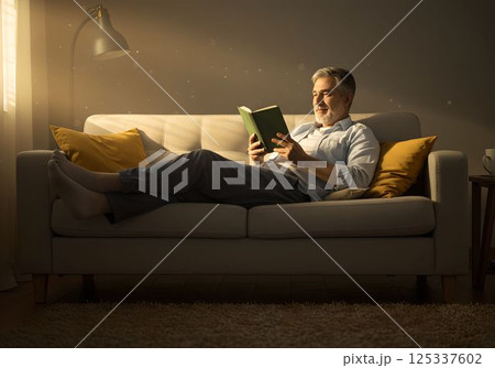穏やかな午後の光に包まれて本を読む男性のリラックスタイム2　AI生成画像 125337602