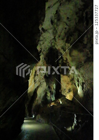 秋芳洞の洞窟内の灯りに照らされた通路の景色 125337727
