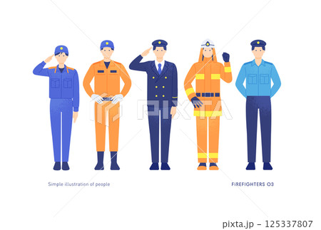 災害から人々を守る!消防士・救助隊員のベクターイラスト素材。 災害から人々を守る!消防士・救助隊員のベクターイラスト素材。 125337807
