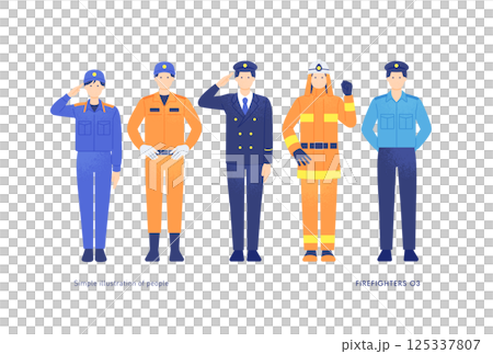 災害から人々を守る!消防士・救助隊員のベクターイラスト素材。 災害から人々を守る!消防士・救助隊員のベクターイラスト素材。 125337807