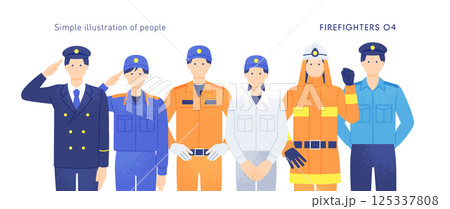 地震、台風、火災に立ち向かう。頼もしい消防隊員と救助隊のイラストセット。 125337808