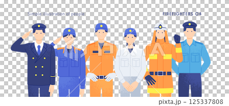 面臨地震、颱風和火災。一組值得信賴的消防員和救援隊的插圖。 125337808
