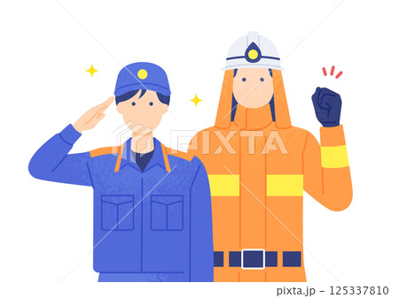 オレンジ色の防火服を着た消防士と救急救命士のベクターイラスト素材。 125337810