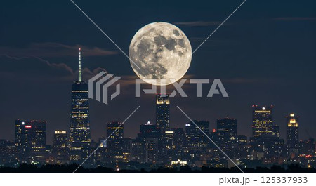 月、都市を照らす ― 巨大な満月と夜景の共演4　AI生成画像 125337933