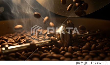 香ばしさ立ちのぼる、焙煎中のコーヒー豆の瞬間6　AI生成画像 125337998