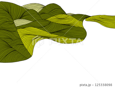 Landscape line art ink drawing, mountains and river 125338098
