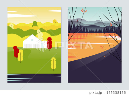 Countryside landscape poster design, house in the forest and lake in the forest Countryside landscape poster design, house in the forest and lake in the forest 125338136