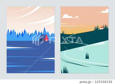 Countryside landscape poster design, house in jungle and church on mountain Countryside landscape poster design, house in jungle and church on mountain 125338138