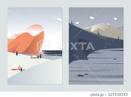 Countryside landscape poster design, village beside the sea and frozen lake in the valley 125338143