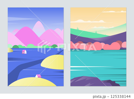 Countryside landscape poster design, small village in front of mountains and cherry blossom trees beside the lake 125338144