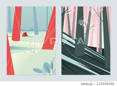 Countryside landscape poster design, tent in the forest and forest on the mountain 125338146