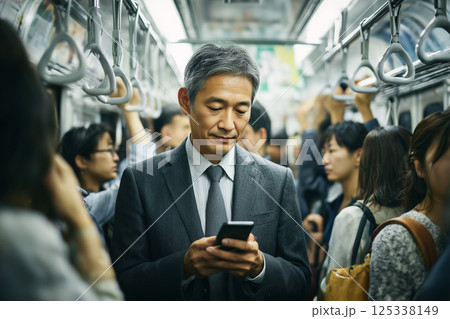 混んでいる電車に乗りスマホを見るビジネスマン 125338149