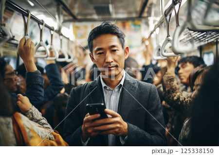 混んでいる電車に乗りスマホを見るビジネスマン 125338150