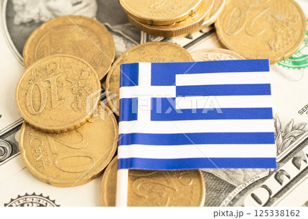 Greece flag on coin and banknote money, finance trading investment business currency. 125338162