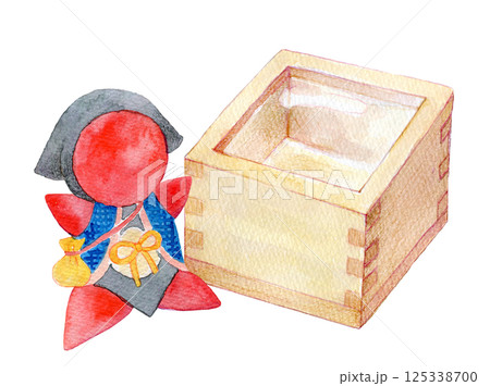 水彩イラスト 手描き 升酒とさるぼぼ 水彩イラスト 手描き 升酒とさるぼぼ 125338700