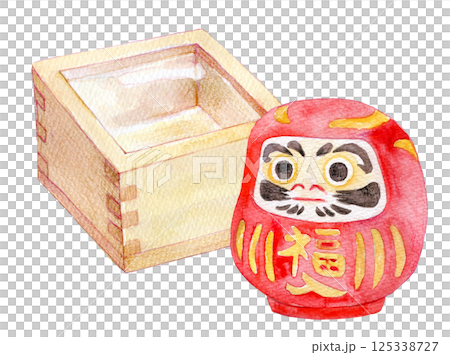 Watercolor illustration, hand-drawn, sake cup and Daruma doll 125338727