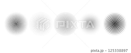 Black concentric circle collection. Dotted and dashed round sound wave set. Epicenter, target, radar, sonar icon concept. Radial radio signal or vibration elements. Vector linear halftone symbol pack Black concentric circle collection. Dotted and dashed round sound wave set. Epicenter, target, radar, sonar icon concept. Radial radio signal or vibration elements. Vector linear halftone symbol pack 125338897