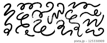 Black squiggle paint line set. Wiggly brush stroke collection. Charcoal curly flourish pack for highlight, underline, emphasis. Organic crayon chalk wavy strips. Vector rough scribble swoosh stripes 125338909