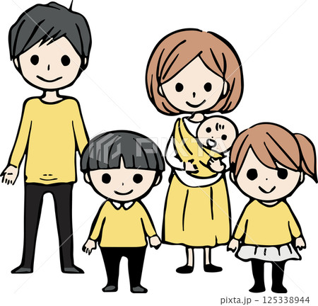 若い夫婦とあかちゃんと子ども2人の5人家族の全身イラスト素材 125338944