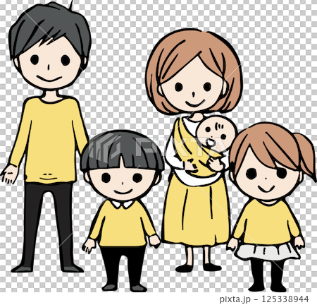 Full-body illustration of a family of five consisting of a young couple, a baby and two children 125338944