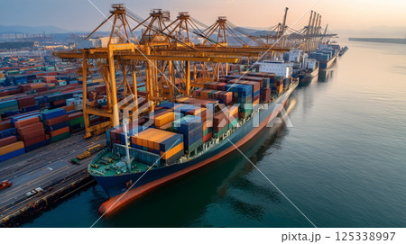 夕暮れの港で荷役中の大型コンテナ船とグローバル物流の風景 125338997