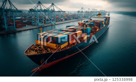 夕暮れの港で荷役中の大型コンテナ船とグローバル物流の風景 125338998