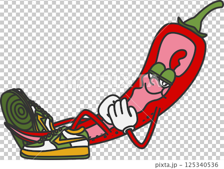 レトロでカートゥーン調の唐辛子のキャラクターイラスト レトロでカートゥーン調の唐辛子のキャラクターイラスト 125340536