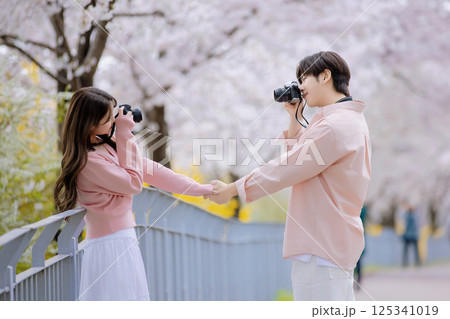 A friendly couple enjoying a date on a street filled with cherry blossoms A friendly couple enjoying a date on a street filled with cherry blossoms 125341019