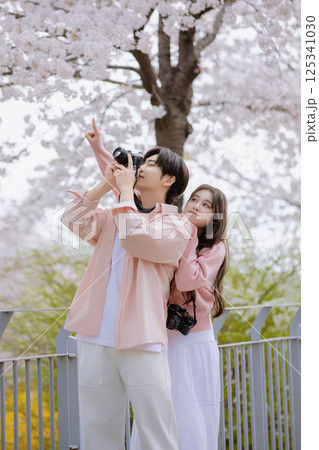 A friendly couple enjoying a date on a street filled with cherry blossoms 125341030