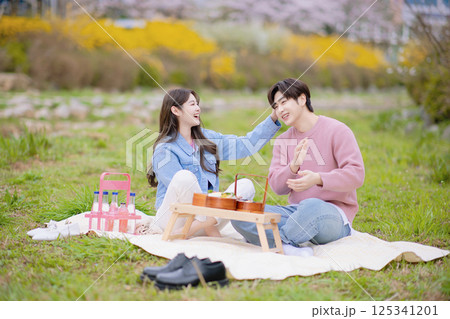 A couple enjoying a date while having a picnic in the park 125341201