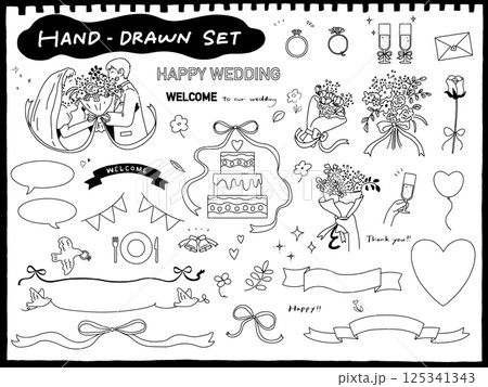 ウエディングアイテムや人物の手描きイラストセット 125341343