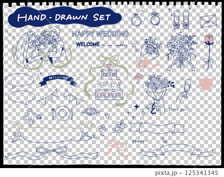 Hand-drawn illustration set of wedding items and people 125341345